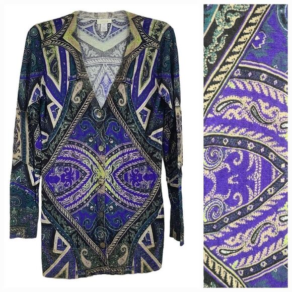 Chico's Bold Mosaic Peyton Cardigan Iridescent Shimmer Button Front Long Sweater - Picture 1 of 11